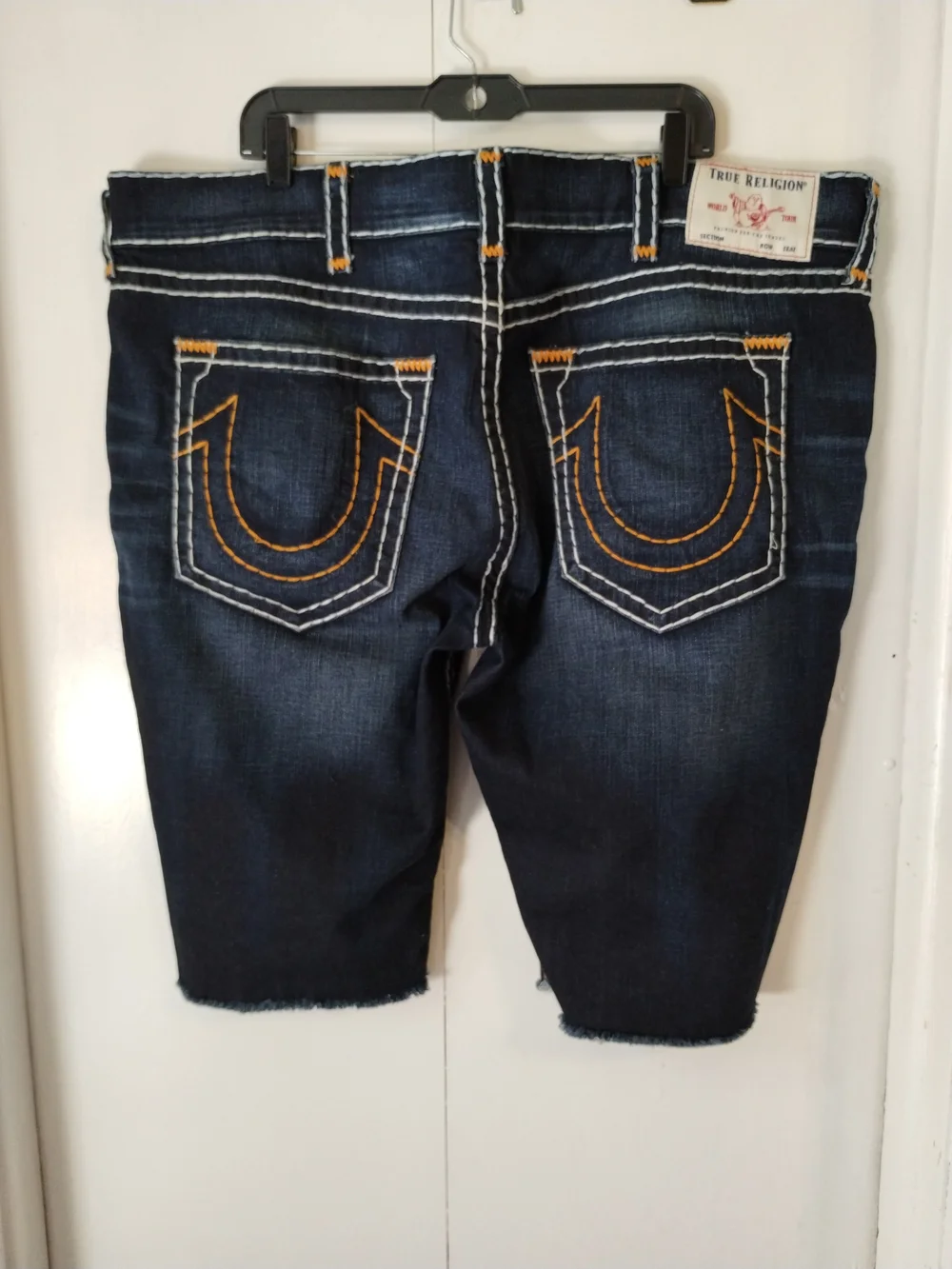 True Religion Dark Blue Denim Cutoff Shorts with Contrast Stitching